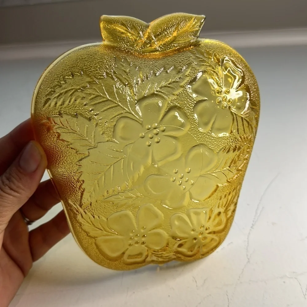 Amber Apple Shape Texture dish Early American Press Glass Hazel Atlas 1970